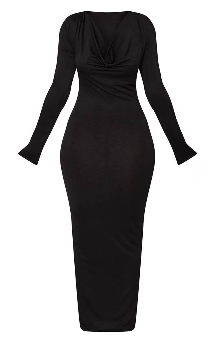 Noir Robe Mi-longue Ajustée À Manches Longues Avec Décolleté Plongeant Drapé En Mesh Sculptant
