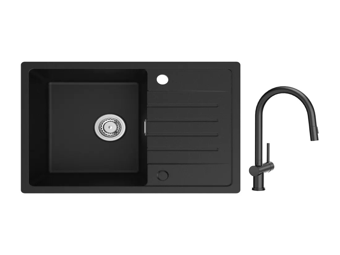 Cecipa max Evier 1 Bac avec Egouttoir 78x45cm Evier à encastrer Quartz et résine Noir + Mitigeur avec Douchette Extractible avec 2 Types de Jet Noir