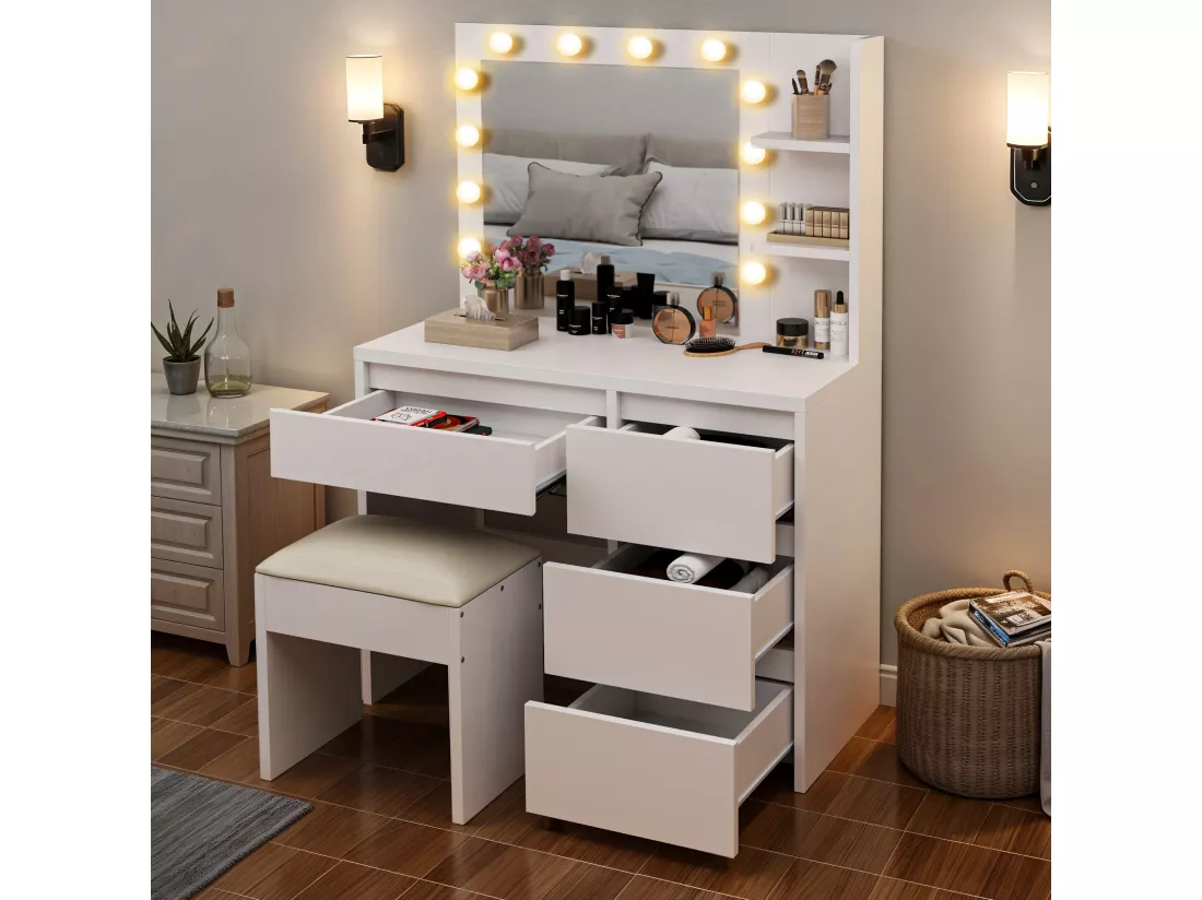 YITAHOME Coiffeuse avec éclairage LED - Miroir - Étagère ouverte - 4 tiroirs - Blanc