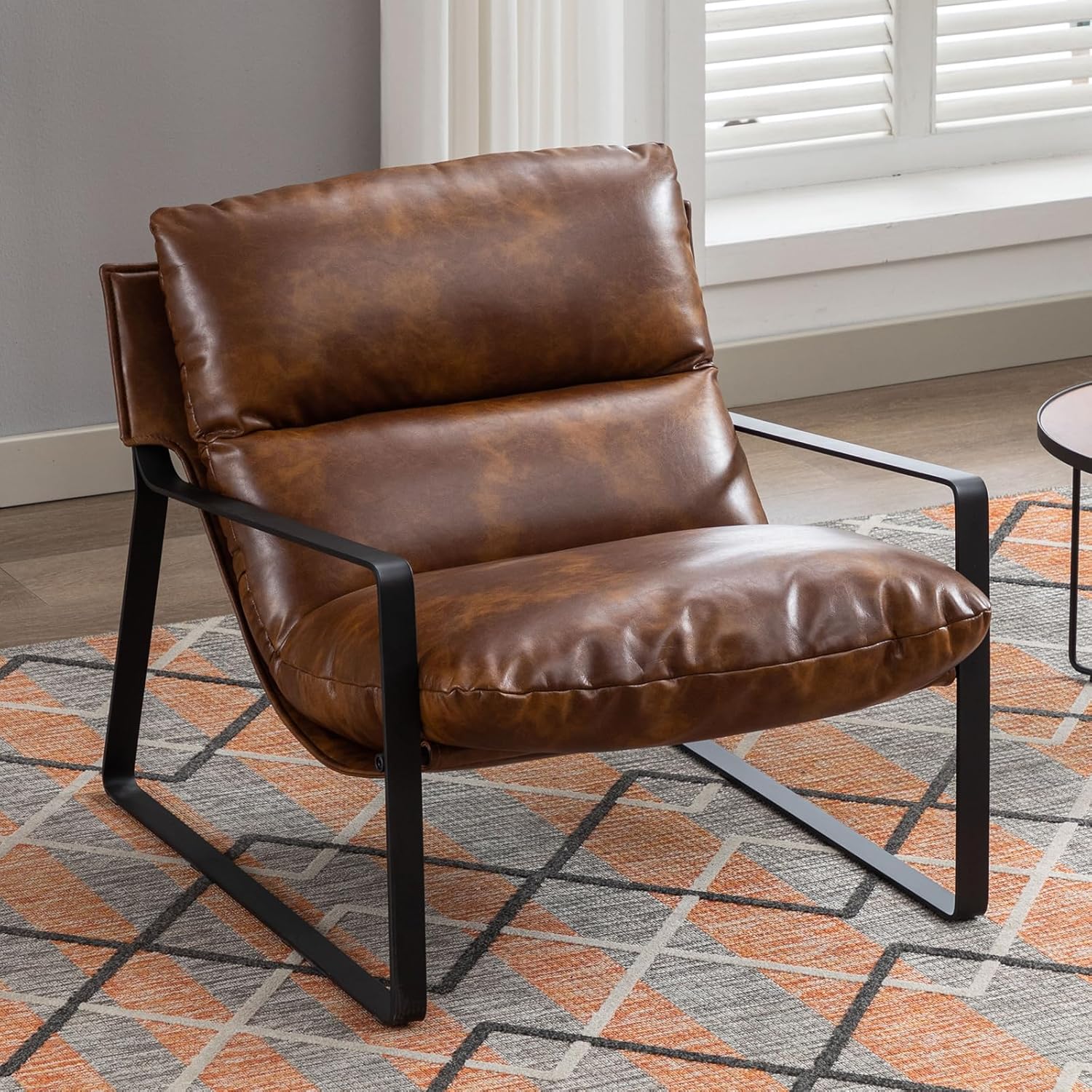 Sessel Wohnzimmer Lesesessel mit Armlehnen moderner Loungesessel mit Metallgestell,Kunstleder, Braun