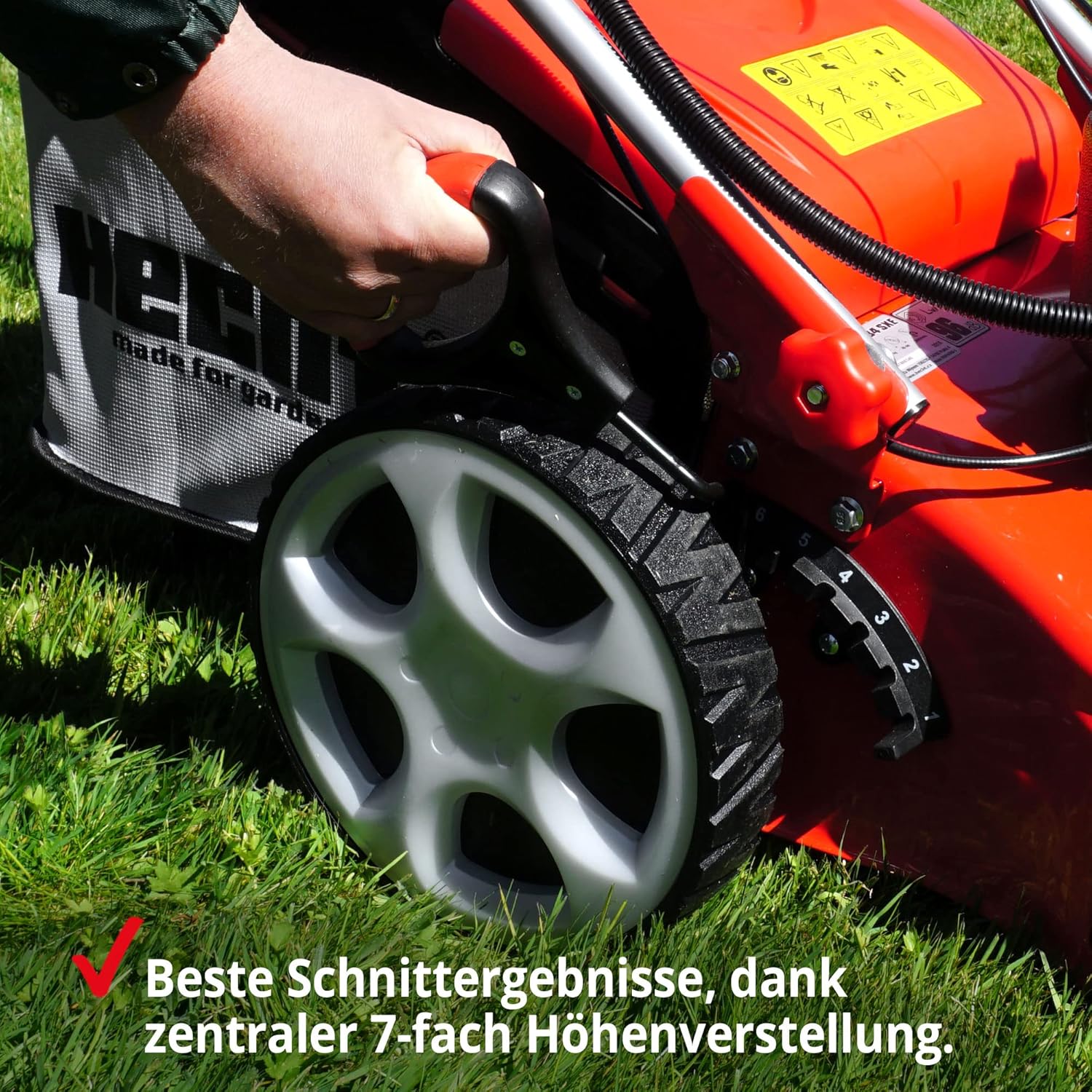 HECHT 5IN1 Rasenmäher Benzin – 4 Takt Motor mit 196 cm³ Hubraum, 56 cm Schnittbreite, 70l Grasfangkorb, 4-Gang Radantrieb, patentierte Räder, Mulchfunktion, Seitenauswurf, inkl. Öl