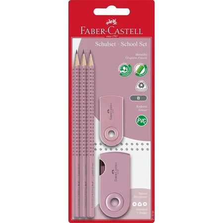 Faber-Castell - Bleistiftset School, drei Grip Bleistifte Mine B, ein Spitzer & Radiergummi, rose shadows