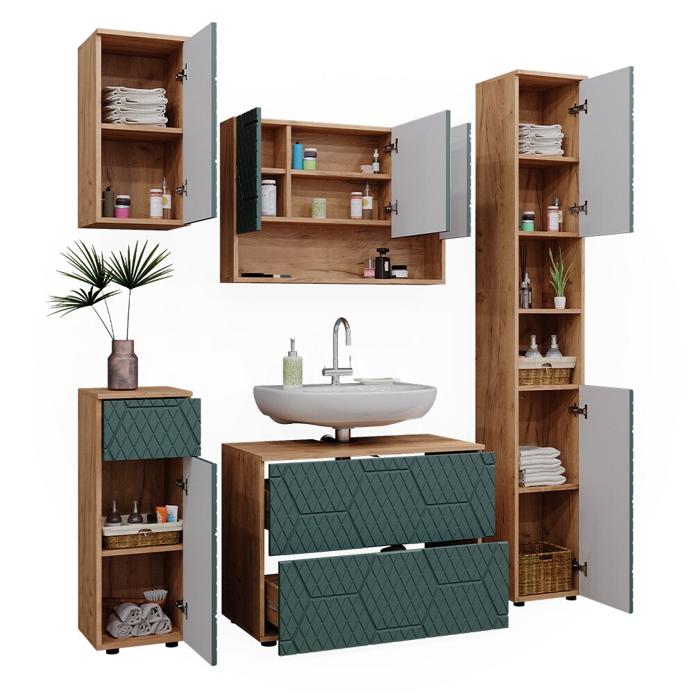 Vicco Badmöbel-Set Irma Eiche Grün 5-teilig Hochschrank Midischrank 81 cm