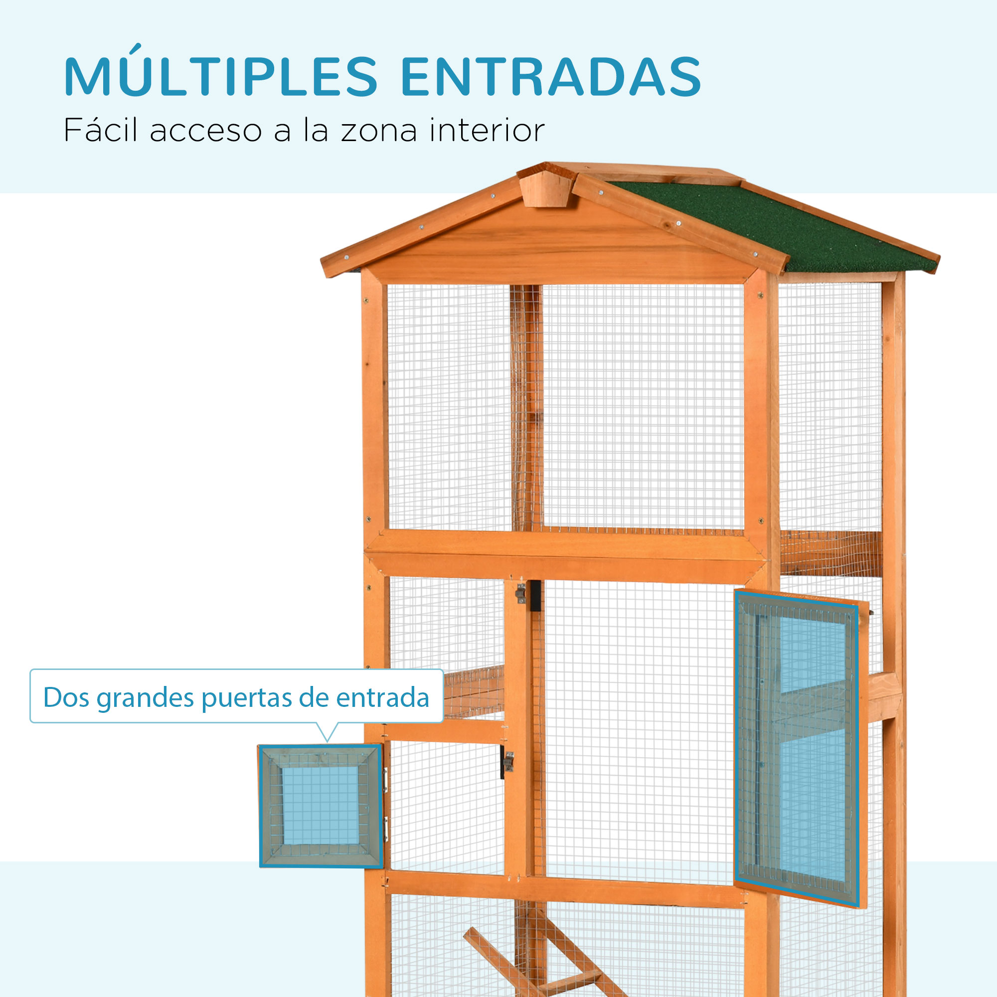 Gaiola grande para pássaros PawHut, 68x63x165 cm, em madeira de abeto, com 2 portas, bandeja removível e telhado de asfalto.