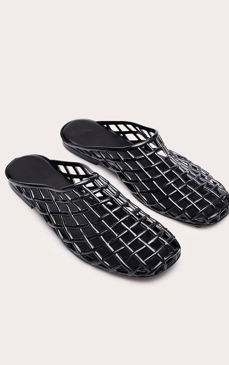 Noir Mule Plate À Bout Rond En Plastique Tressé