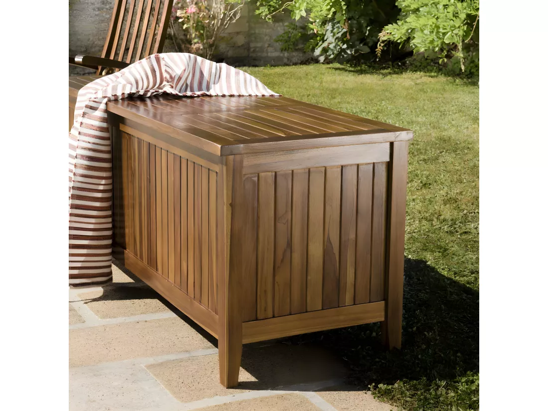 HANNA - Coffre de jardin piscine en bois teck huilé 165x55cm
