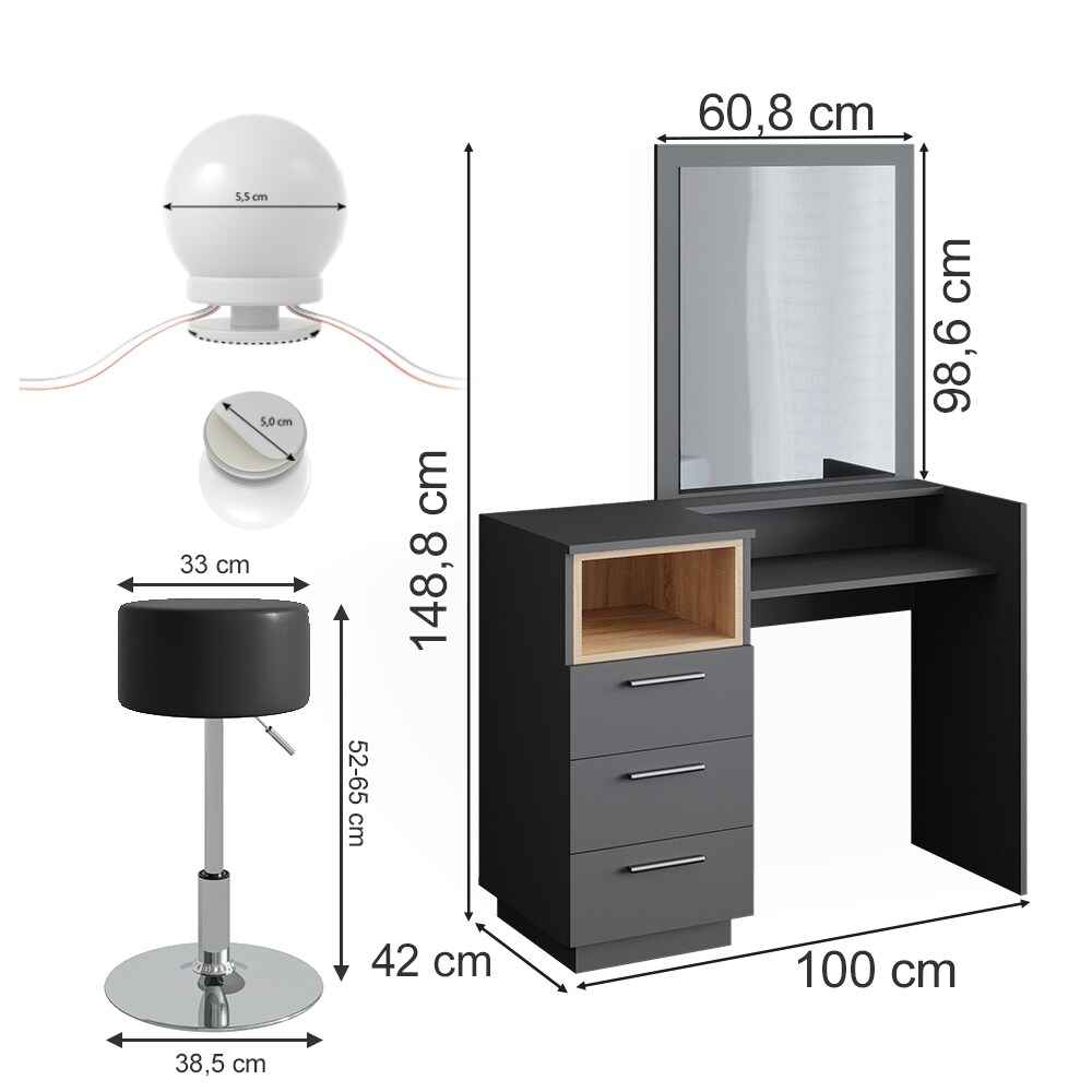 Vicco Schminktisch Frisiertisch Frisierkommode Beatrice anthrazit LED Hocker Set
