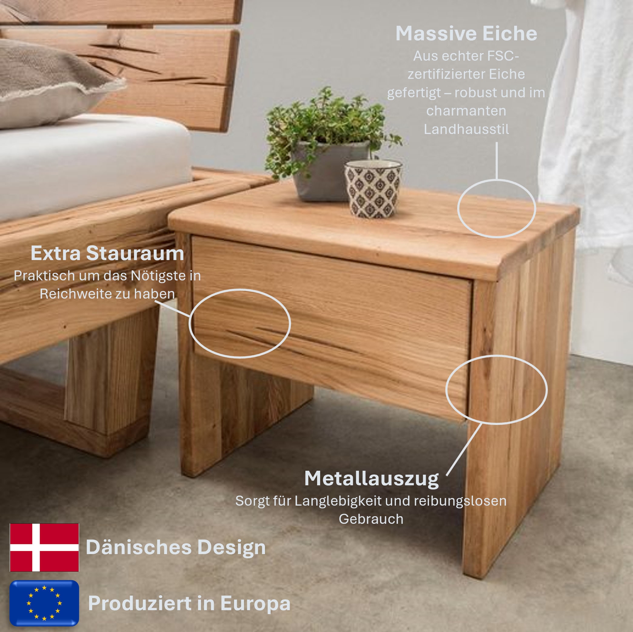 Home affaire Nachtkonsole »Ultima Balkenbett Doppelbett, Füsse mit Kufenform« Massivholz, Skandinavisches Design, Robust, stabil, FSC zertifiziert