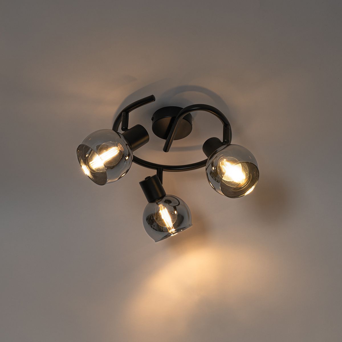 Art Deco plafondlamp zwart met smoke glas 3-lichts rond - Vidro