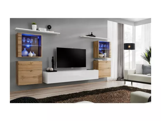 Ensemble meuble salon mural SWITCH XIV design, coloris blanc brillant et chêne Wotan.
