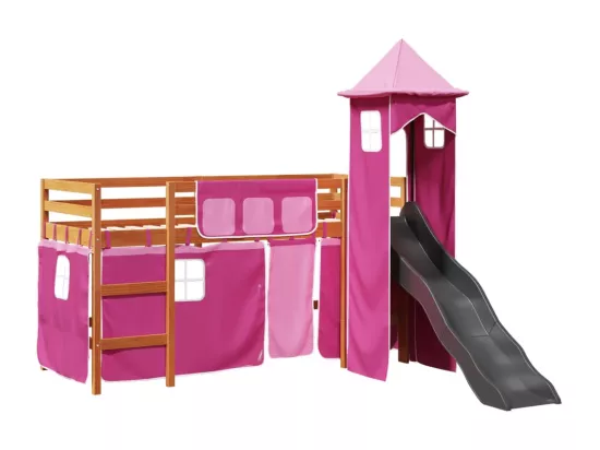 Lit mezzanine enfants avec tour rose 90x190 cm bois pin massif