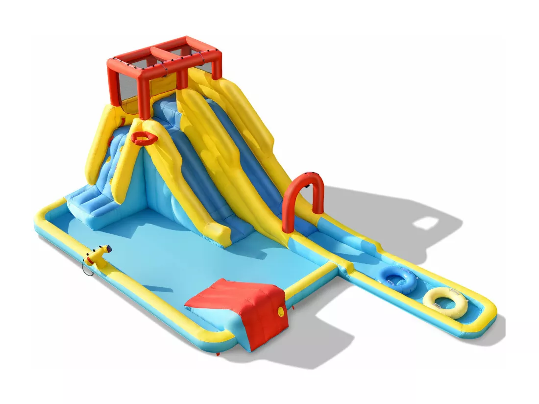 Château Gonflable 8 en 1 avec Double Toboggan Aquatique, Maison de Rebond Gonflable avec Mur d’Escalade, Pistolet à Eau, Anneaux de Natation pour 3 Enfants de 3-10 Ans (sans souffleur)