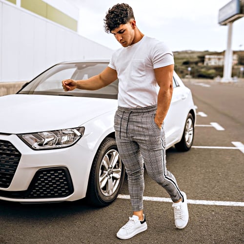 Pantalon Carreaux Avec Bandes T3296 Gris Noir Blanc