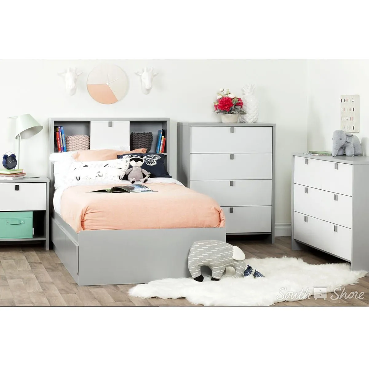 South Shore Table de Nuit 1 Tiroir Cookie - Gris Clair et Blanc Solide