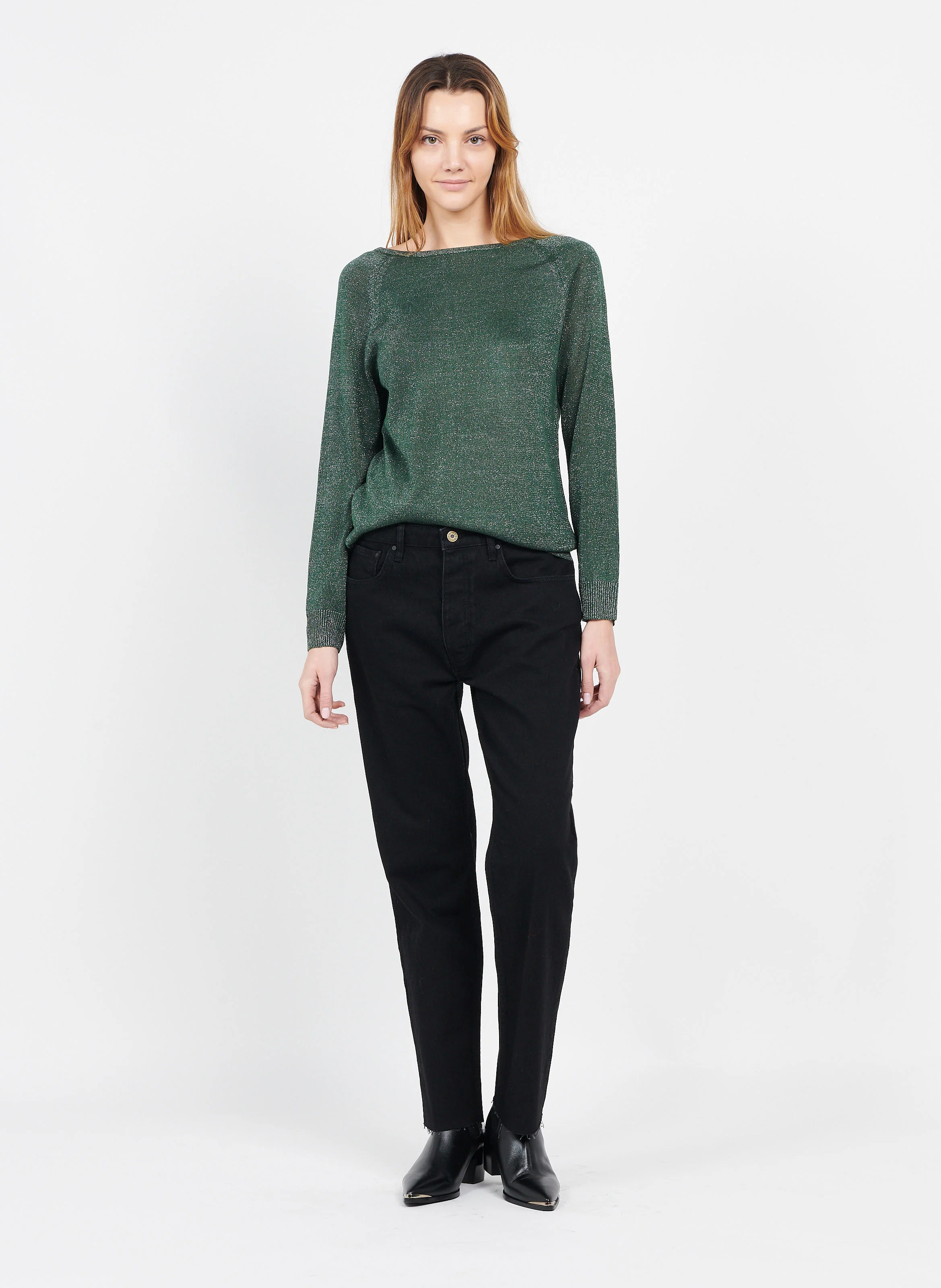 Pull à col v effet brillant| Vert