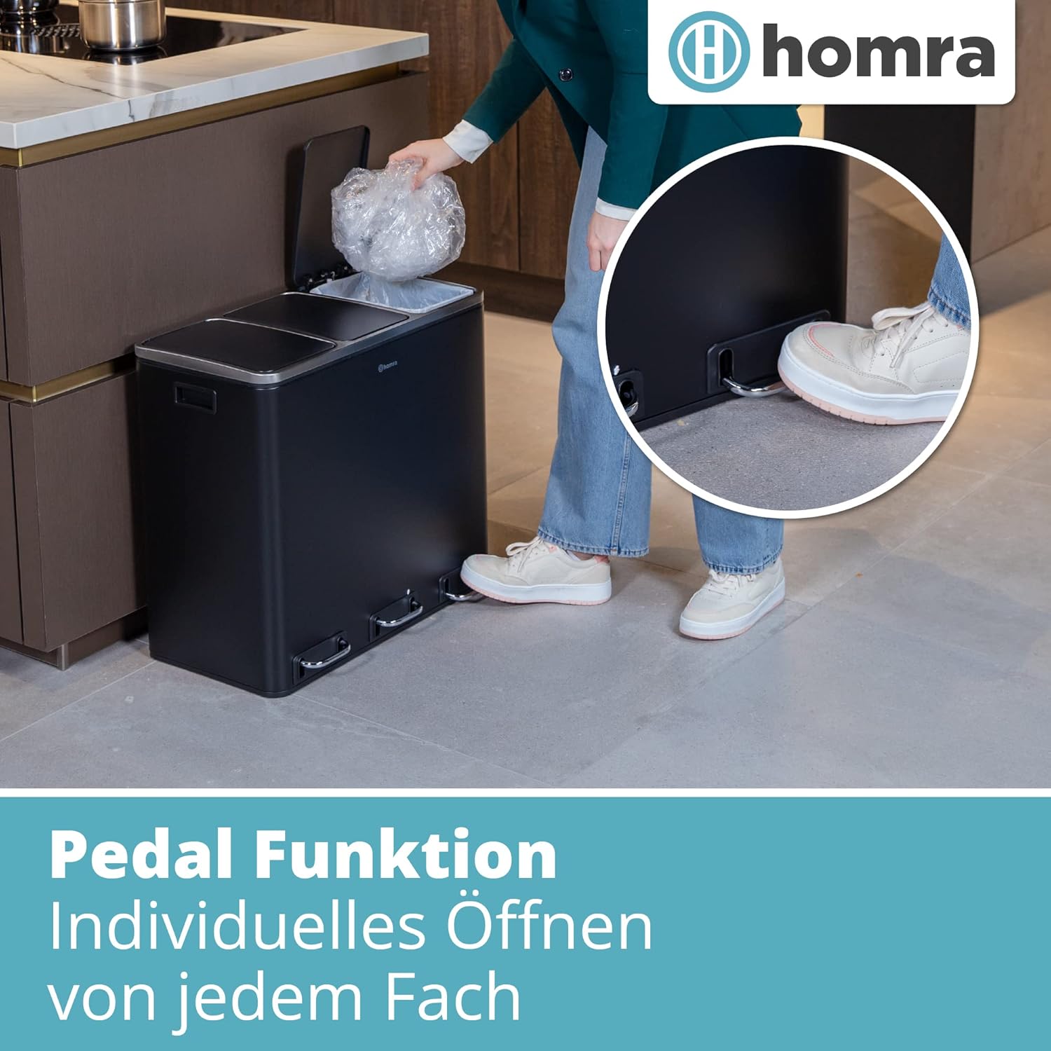 Homra Mülleimer Küche 3 Fächer Sparq 54l | Mülltrennsystem 3Fach | Edelstahl Treteimer 3x18 Liter | Trennsystem 3 Inneneimern | Abfall & Recycling | Abfalleimer Tretmülleimer Softclose | Schwarz