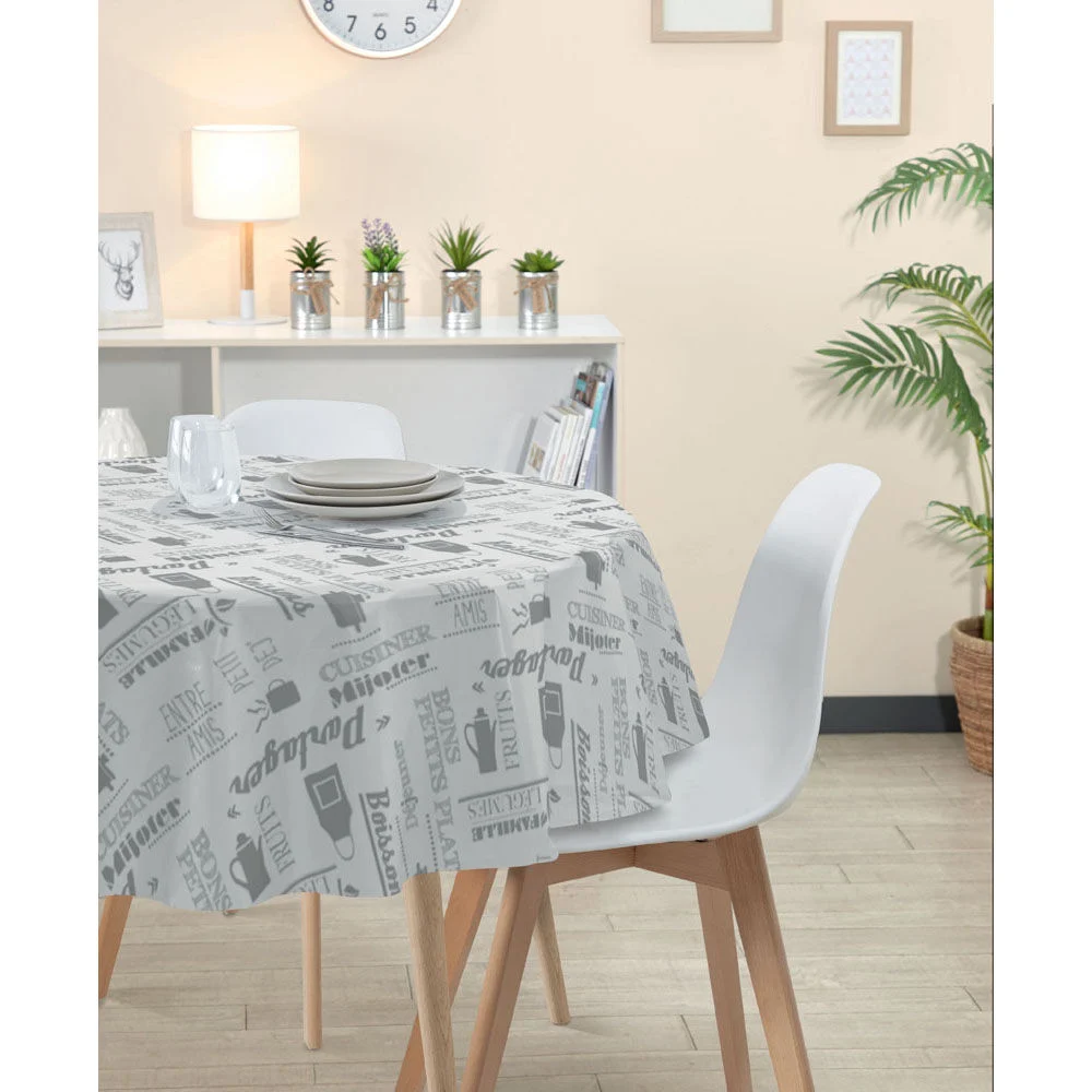 Nappe ronde toile cirée blanche avec inscription grise