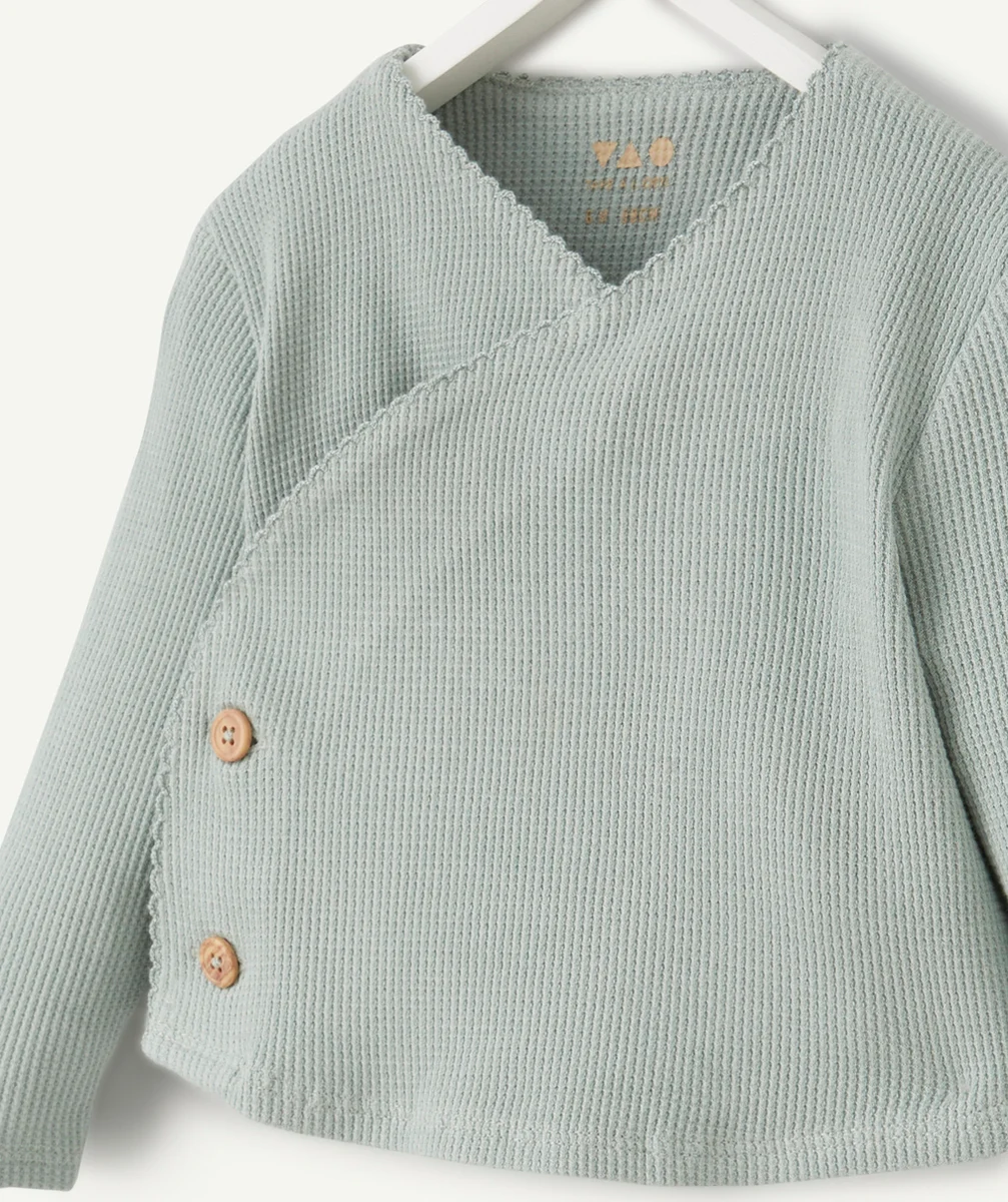 CARDIGAN CACHE-COEUR BÉBÉ EN COTON BIO NID D'ABEILLE VERT POUDRÉ