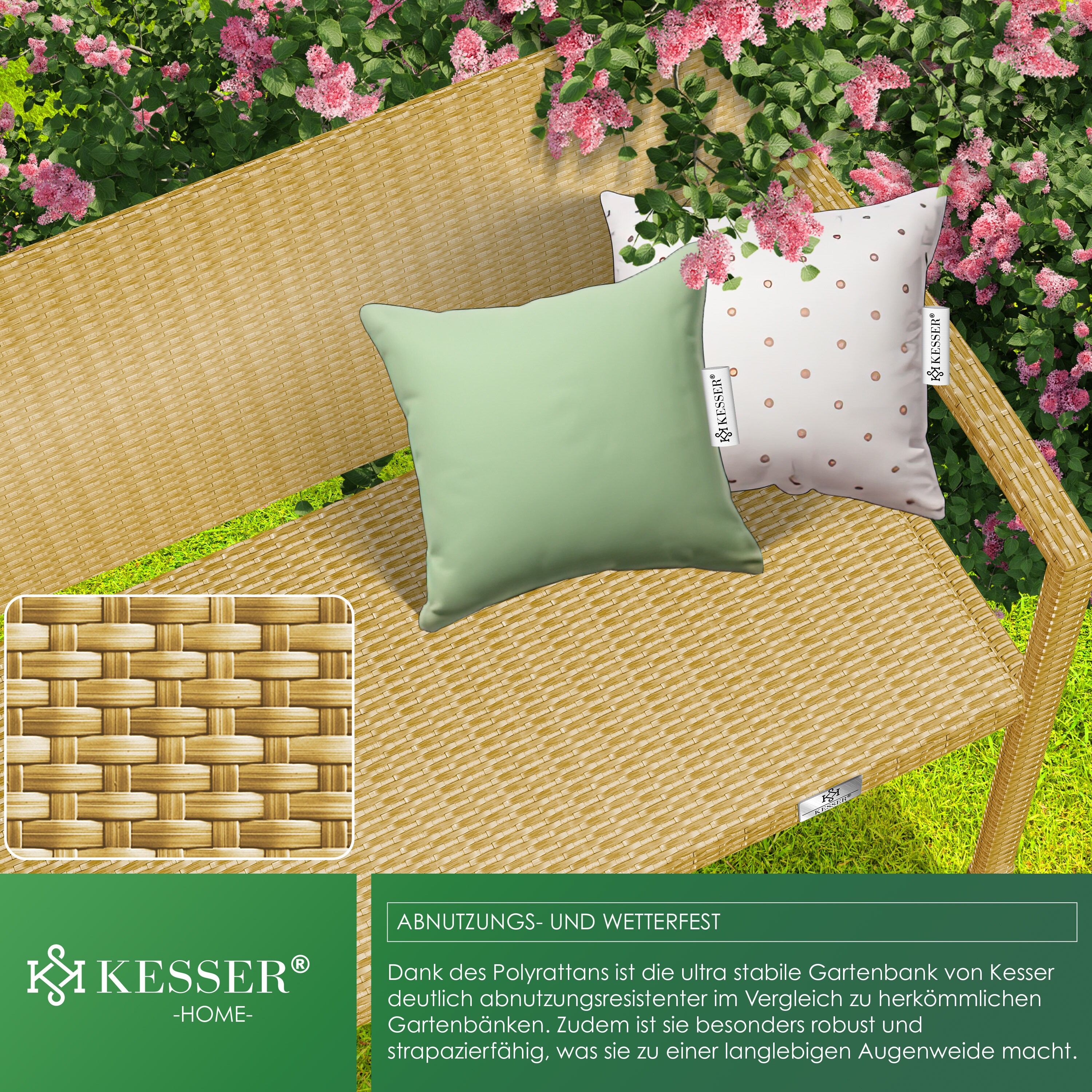 KESSER® Gartenbank Polyrattan 2-Sitzer Wetterfest | Rattan-Sitzbank UV-Beständig & bis 320kg belastbar | Balkon-Bank 125x62x90cm | Garten-Möbel mit ergonomischen Armlehnen | Für 2 Personen