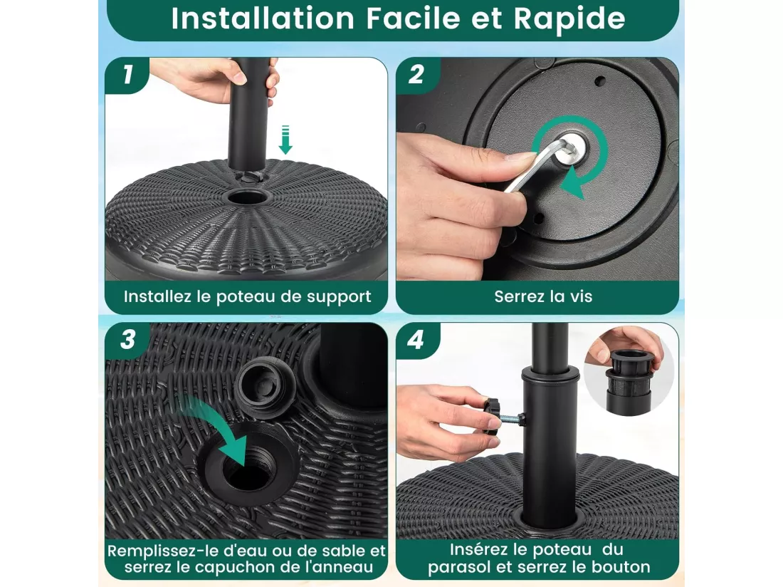 Pied de Parasol Lourd pour Parasolφ38 mm/48 mm, Socle Parasol Extérieur en HDPE Rempli de 30 kg Sable/ 15,5L Eau, pour Terrasse Piscine Patio Jardin Restaurant, Dia.45 x H30 cm