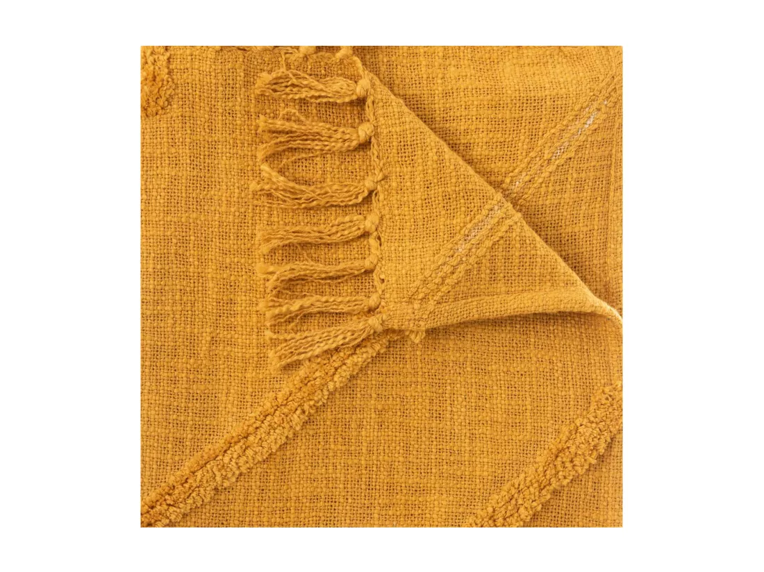Jeté de Lit en Coton Jaune moutarde motif Inca tufté 130 x 180 cm