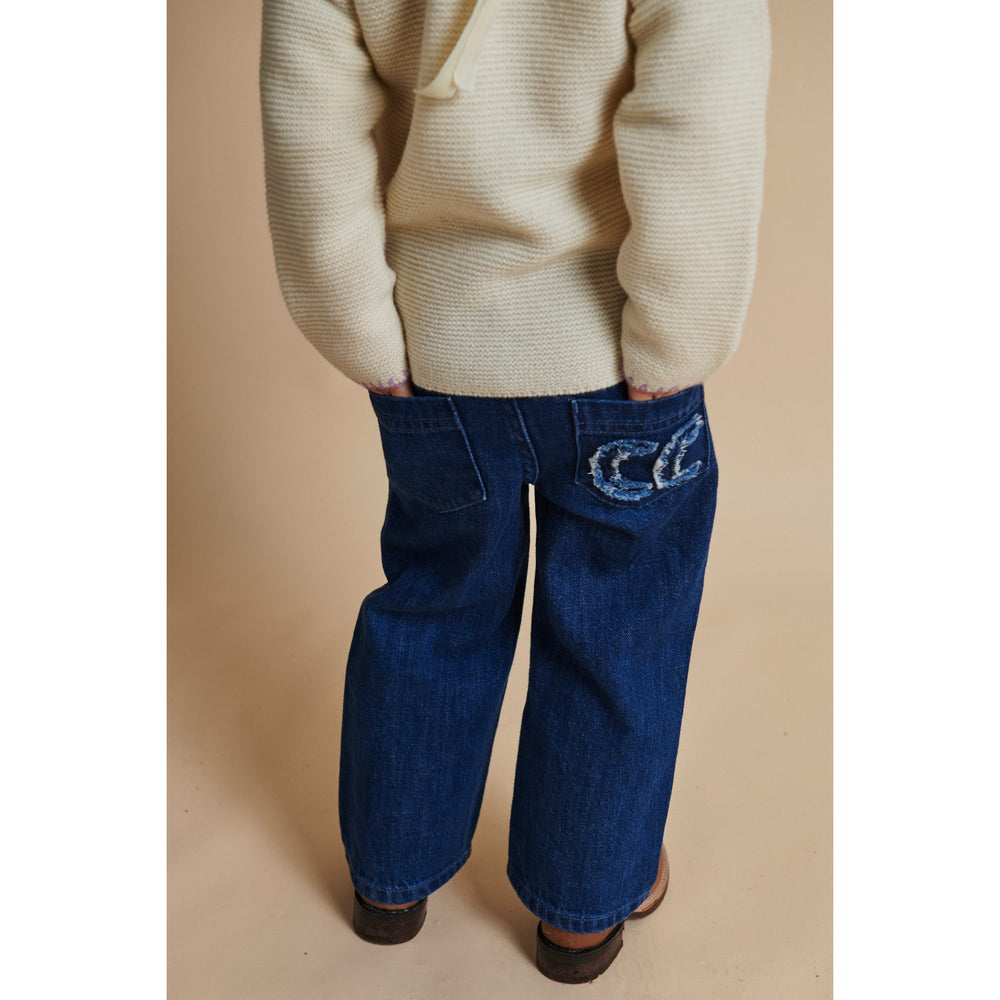 Køb COPENHAGEN COLORS Dark Indigo Blue Washed Organic Denim Bukser W. Pocket Embroidery & Wide Leg