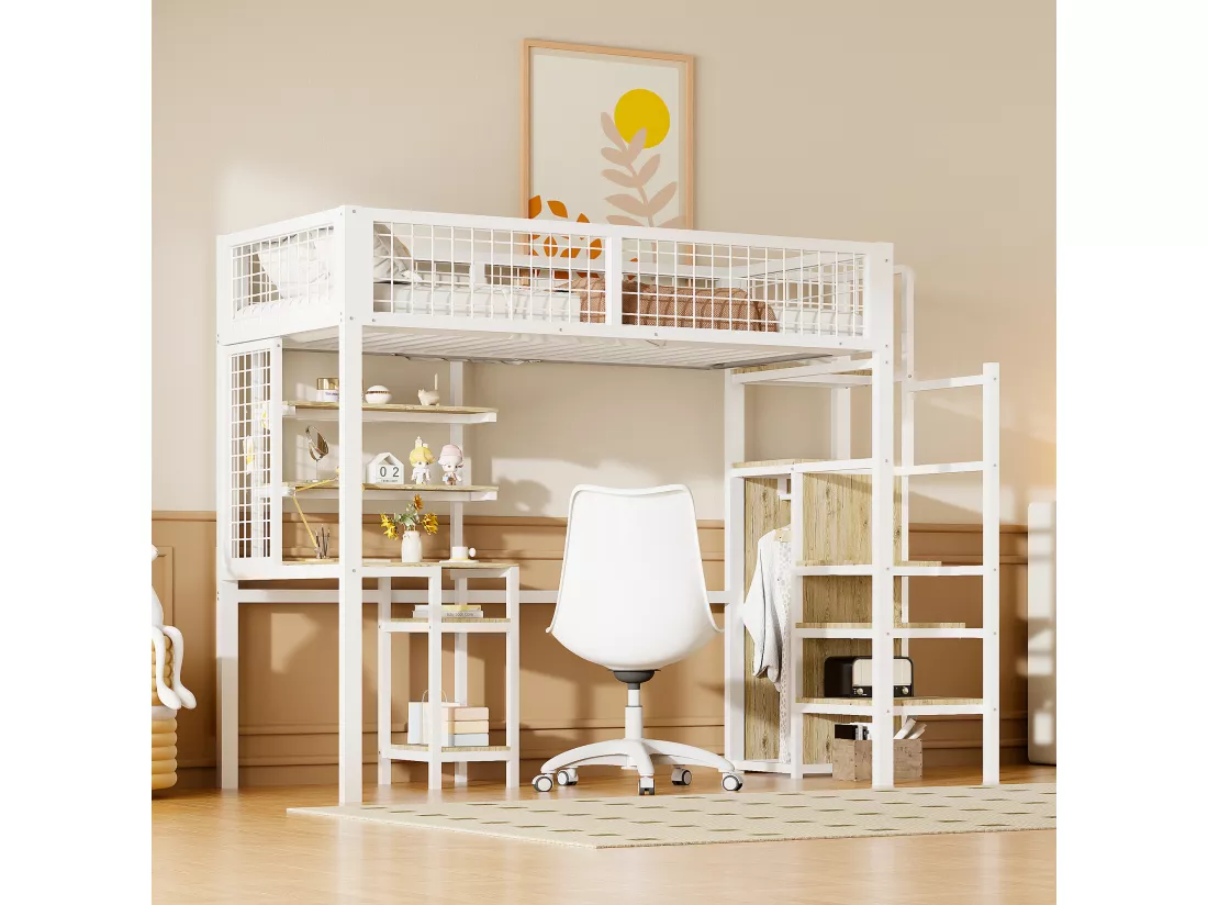 Lit mezzanine 90 x 200 cm avec bureau, penderie et étagères et rangements - Métal + bois MDF - Blanc