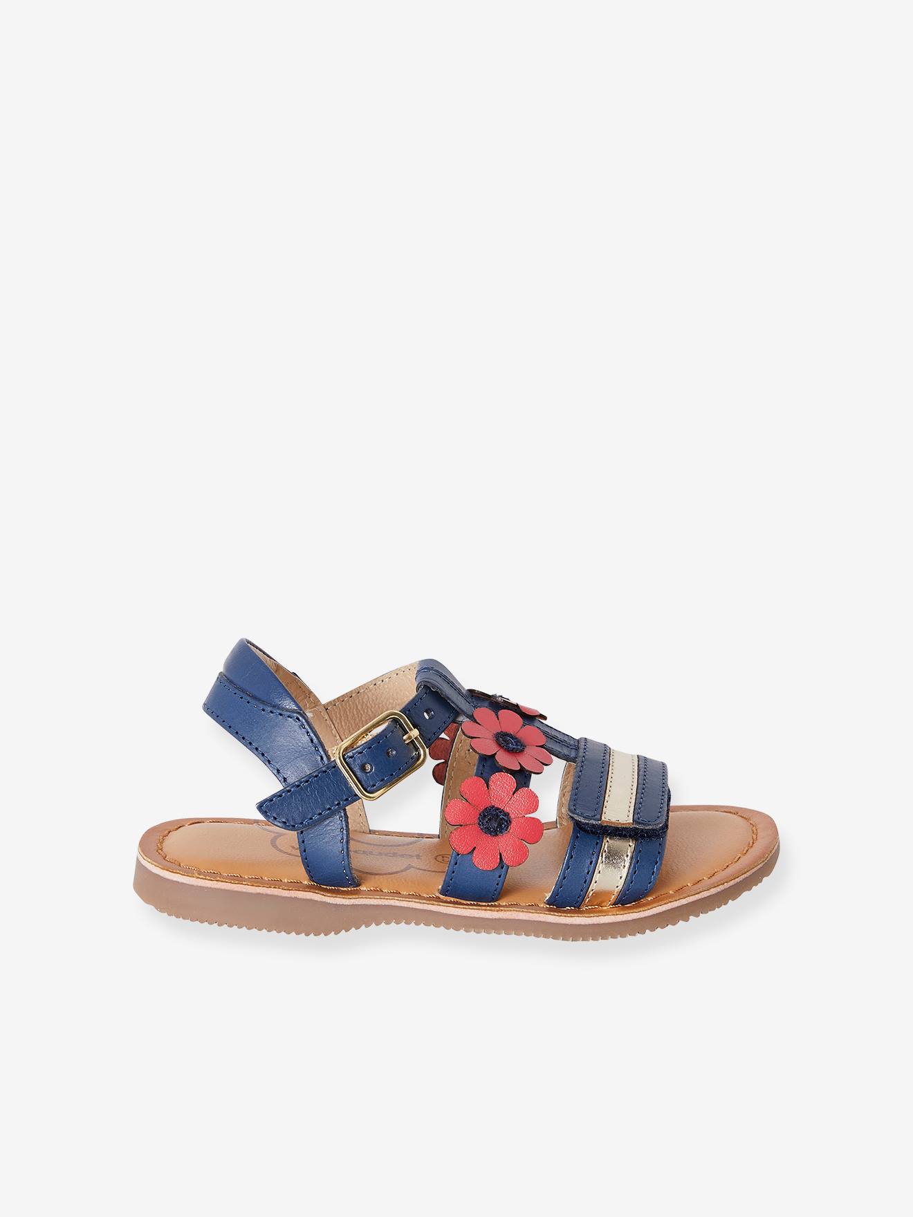 Sandálias de couro para meninas, modelo especial azul escuro liso com estampas.