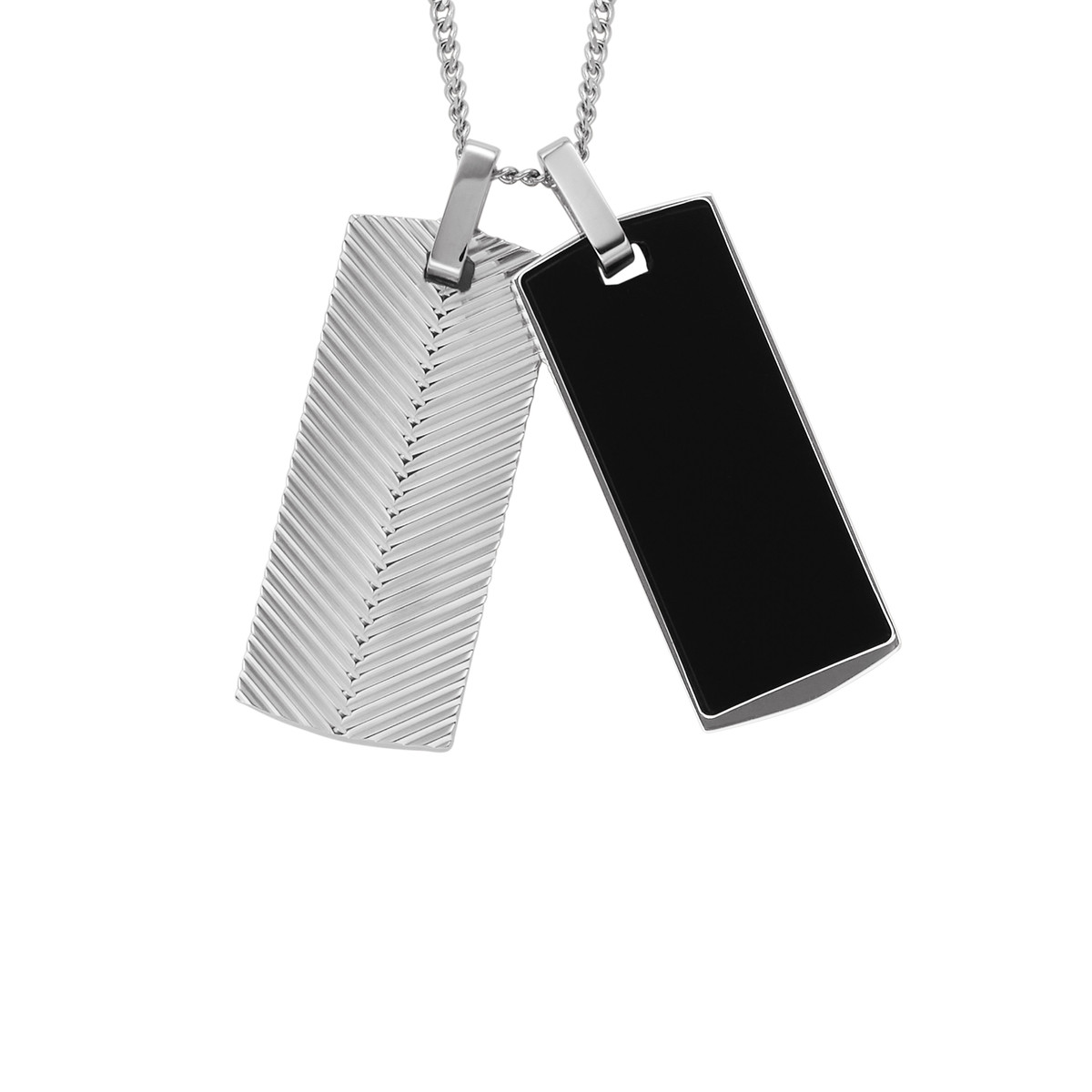 Collier FOSSIL acier inoxydable plaques militaires acier et onyx 60 cm