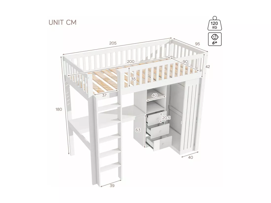 Lit en mezzanine, 90*200 cm, bureau, armoire, 3 tiroirs, rangement ouvert, balustrade, escalier, sans matelas, blanc