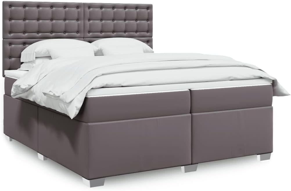 Boxspringbett Grau 200x200 cm, Kunstleder mit Taschenfederkernmatratze, Höhenverstellbares Kopfteil, LED-Beleuchtung, Matratzenauflage