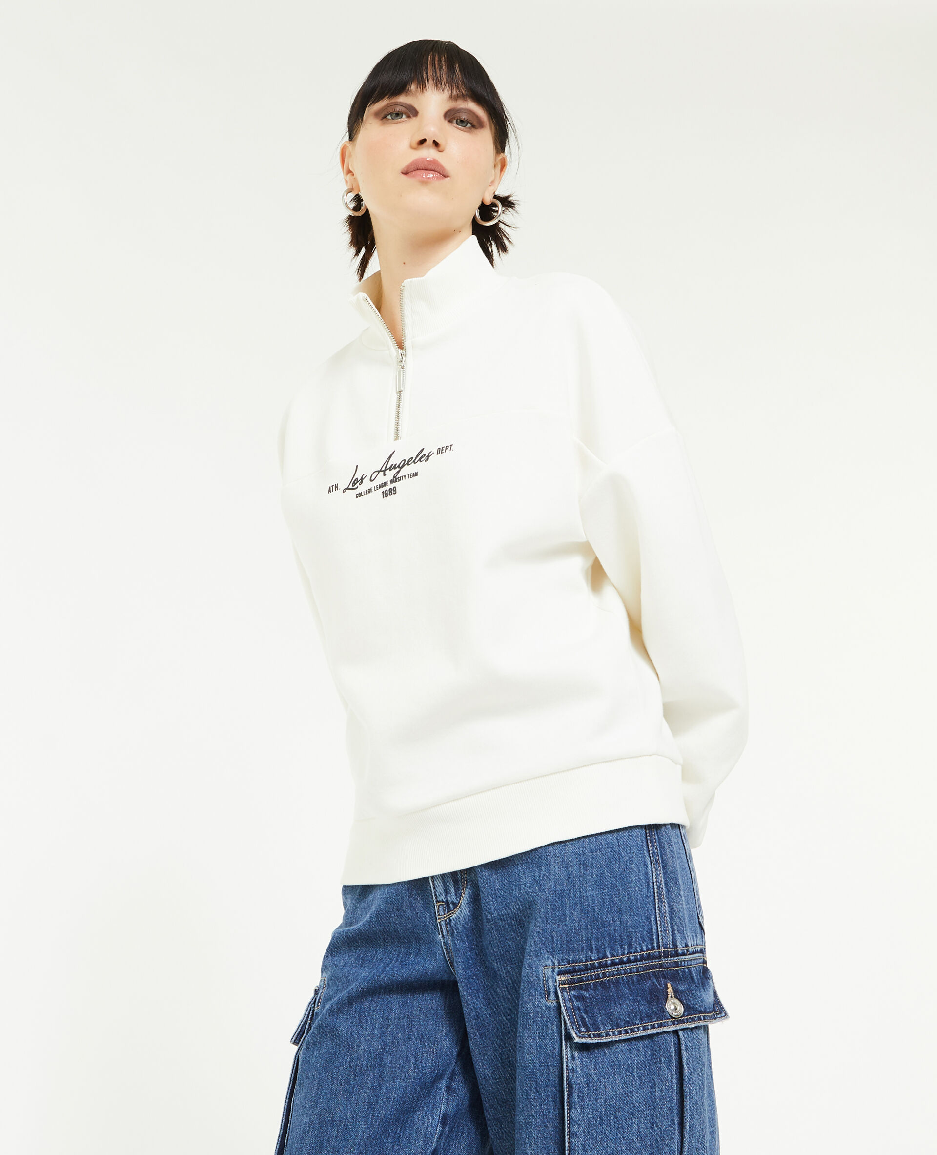 Sweat avec flocage col zippé - Blanc