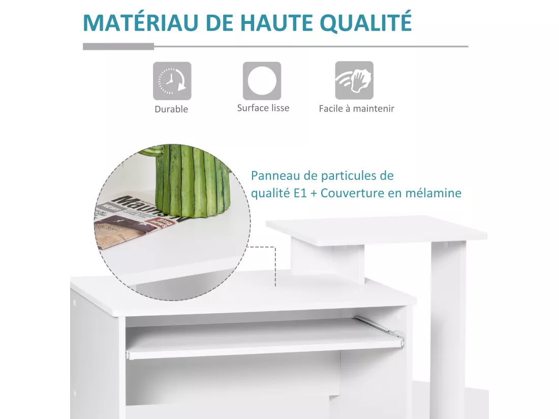 Bureau informatique multimédia étagères tablette clavier panier gris panneaux particules blanc