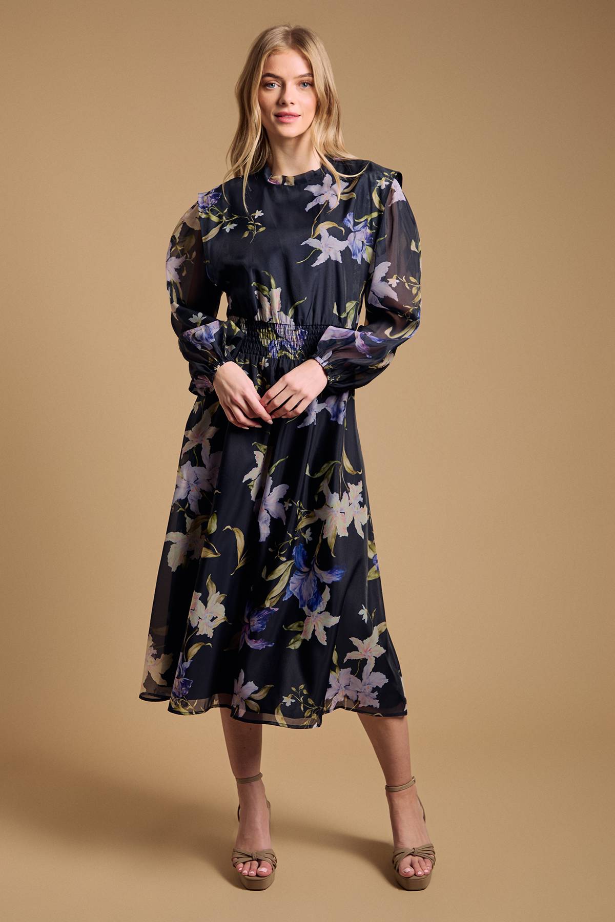 Oasis Robe Mi-Longue en Organza Floral à Taille Froncée