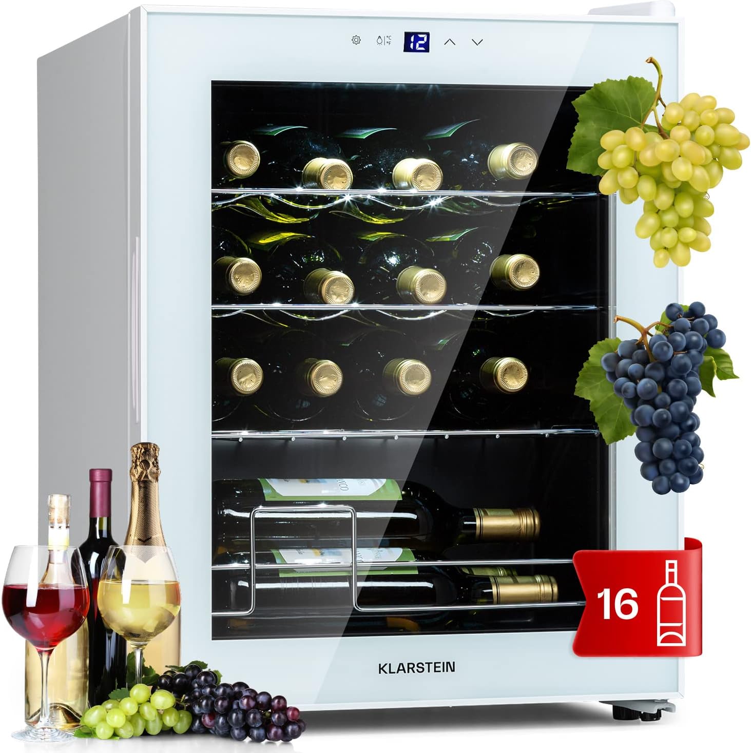 Klarstein Shiraz Weinkühlschrank Freistehend, Kleiner Getränkekühlschrank für Wein, Prosecco & Bier, 1 Zone Weinkühlschrank mit Glastür & Touch-Bedienfeld, Kühlschrank Klein, 5-18°C, 16 Flaschen