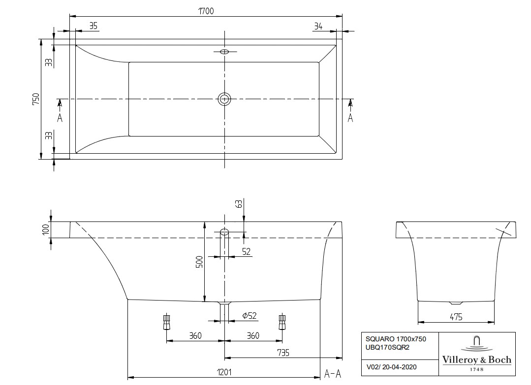 Villeroy & Boch Squaro inbouw ligbad 170x75cm wit