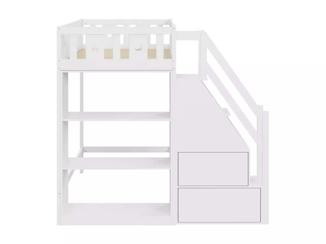 Lit mezzanine 90 x 200 cm avec échelle de rangement et étagères - Bois de pin et MDF - Blanc