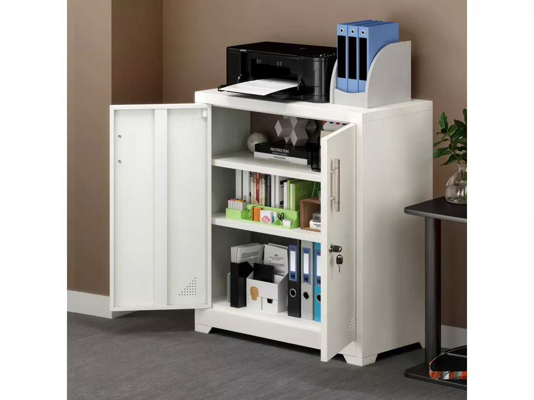 Meuble de Rangement Bureau - Armoire Metallique avec Serrure - Meuble Imprimante avec 2 Etagères Réglables - Blanc - 80 x 40 x 90cm