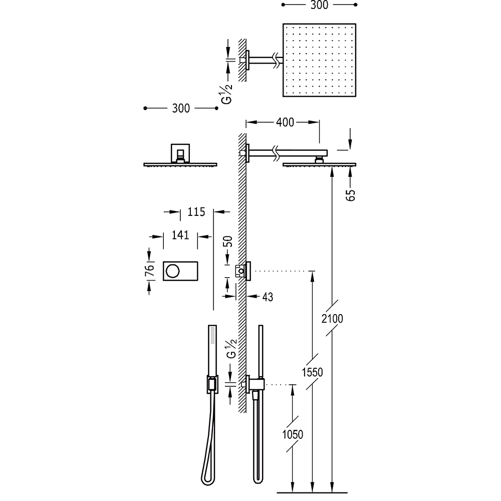 Tres Shower Technology elektronische inbouwthermostaat met regendouche 30x30cm met wandarm en handdouche mat zwart