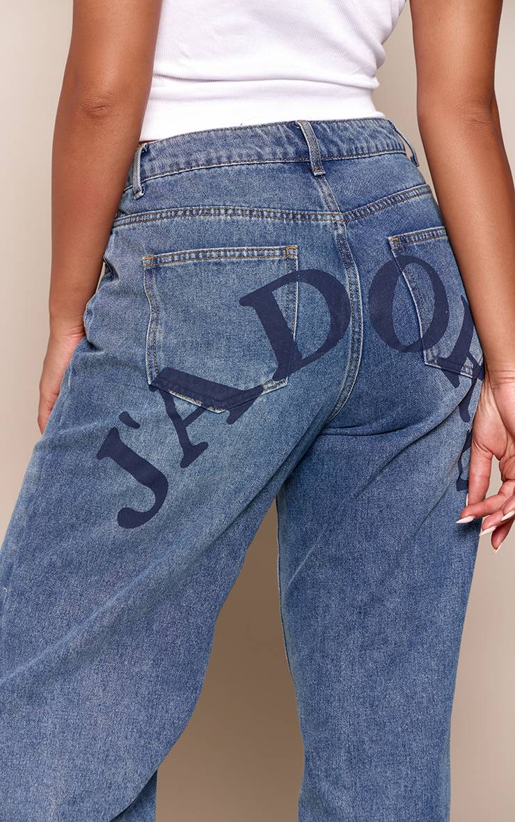 Mid Blue Wash Jean En Denim Large À Taille Basse Délavé Imprimé Jadore