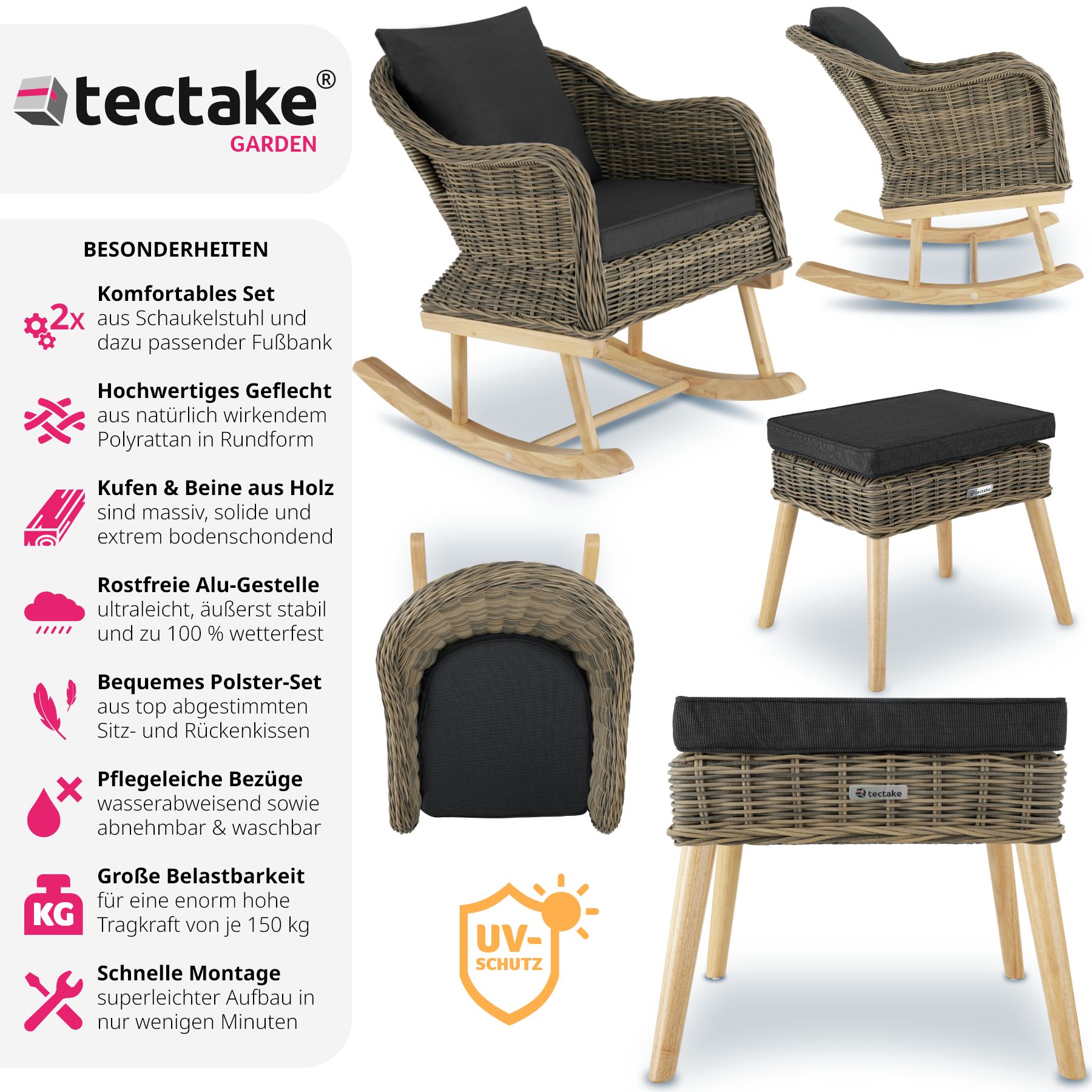 tectake® Rattan Schaukelstuhl Rovigo mit Fußbank Vibo, natürlich nachempfundenes Geflecht mit Aluminiumgestellen, Kufen und Beine aus Holz, höhenverstellbare Kunststoffkappen
