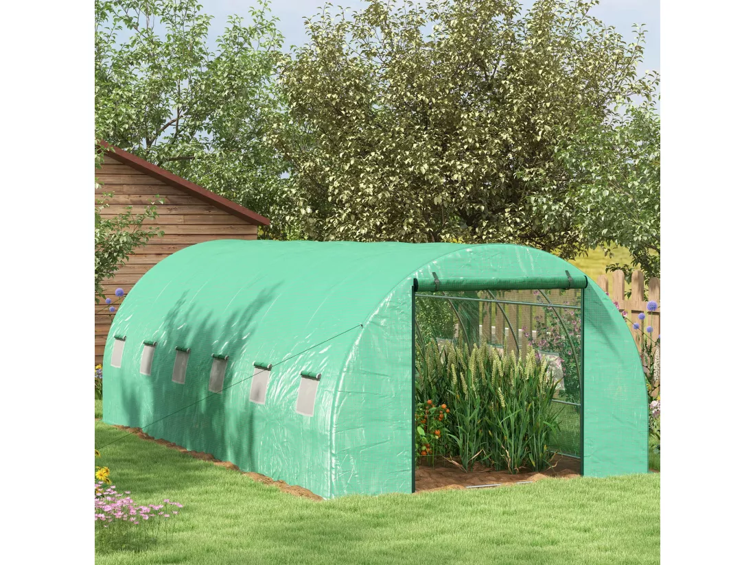 Serre de jardin tunnel 18 m² système d'arrosage intégré acier renforcé PE haute densité vert