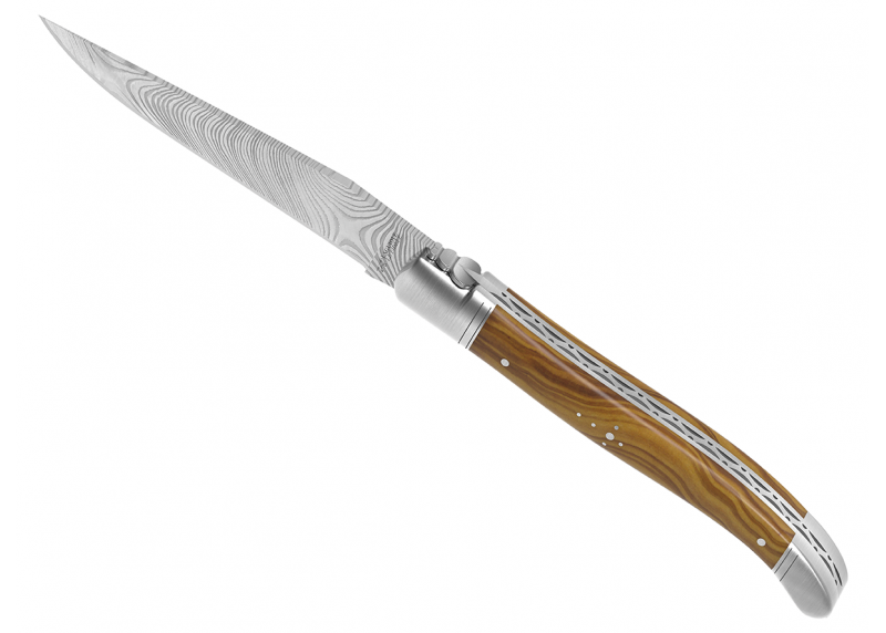 Couteau Laguiole collection damas avec un manche en bois d'olivier et 2 mitres en acier inoxydable