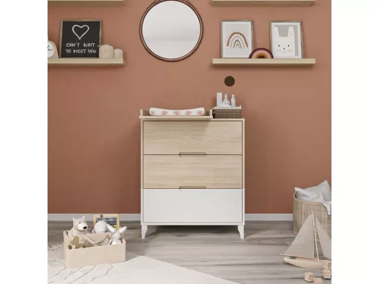 Commode à langer 3 tiroirs panneaux de fibres blanc et bois DIXIE