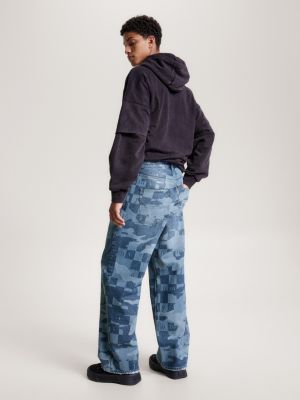 Calça jeans de perna larga com detalhes a laser