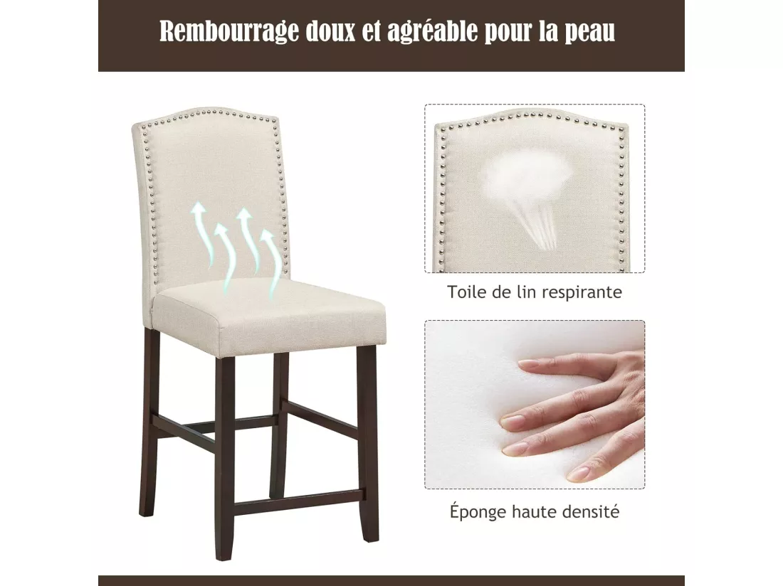 Lot de 2 chaises de bar avec coussin epais, pieds en bois d'hévéa