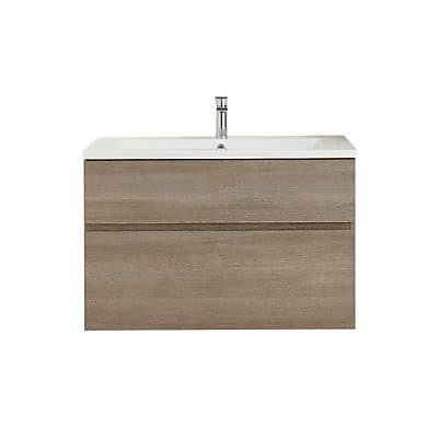 Meuble sous vasque à suspendre Calao aspect chêne clair 90 cm + plan vasque en céramique blanche