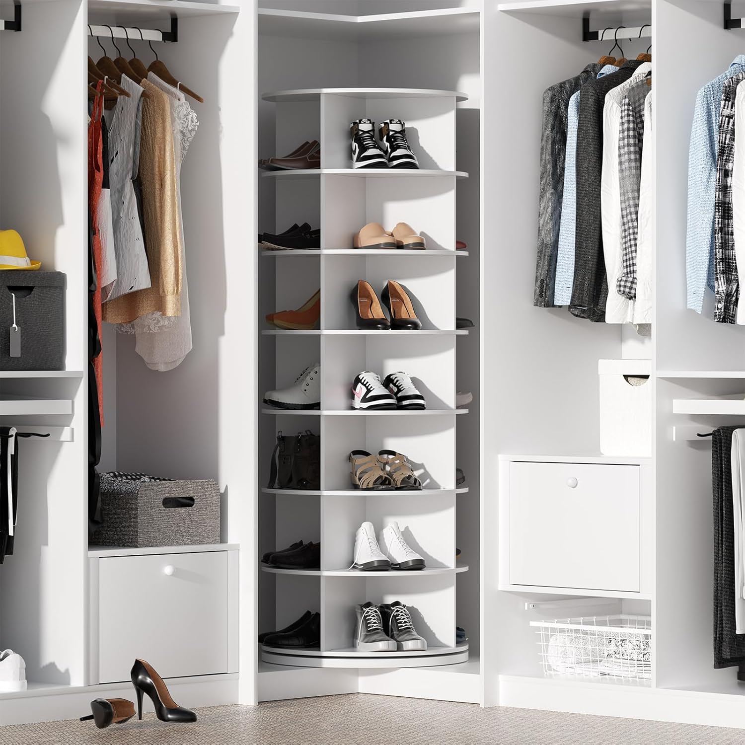 TWSOUL Drehbares Schuhregal mit 7 Ebenen, 360-Grad Drehbarer Schuhschrank Hoch Runder Schuhorganizer Schuhschrank-Organisation Weiß für Schuhe und Handtaschen