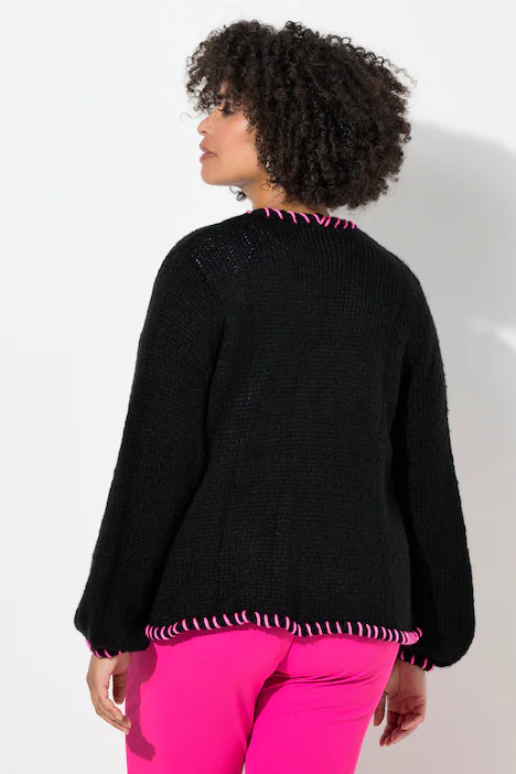 Strickjacke, Straight Fit, Zierkanten, Ballonärmel, schwarz