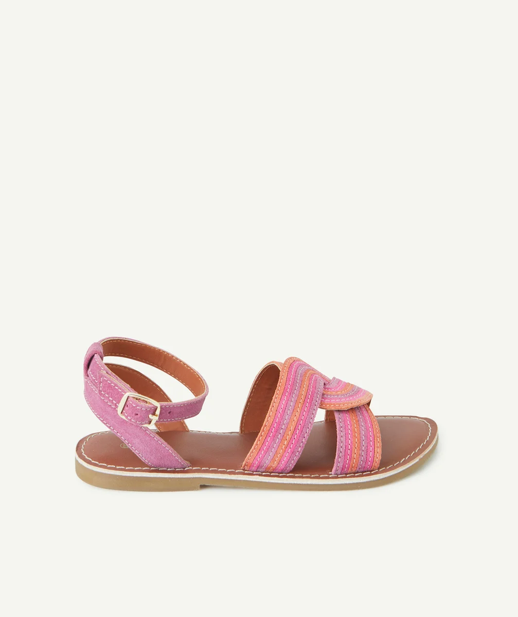 sandales en cuir fille avec torsades rose mauve et orange